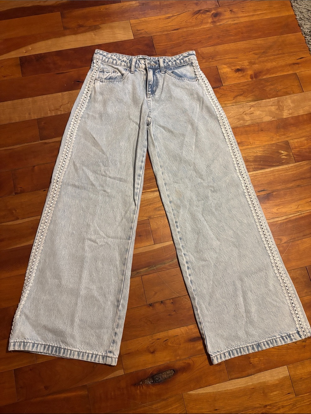Light Wash Wide Leg Jeans with Crochet Trim - Women